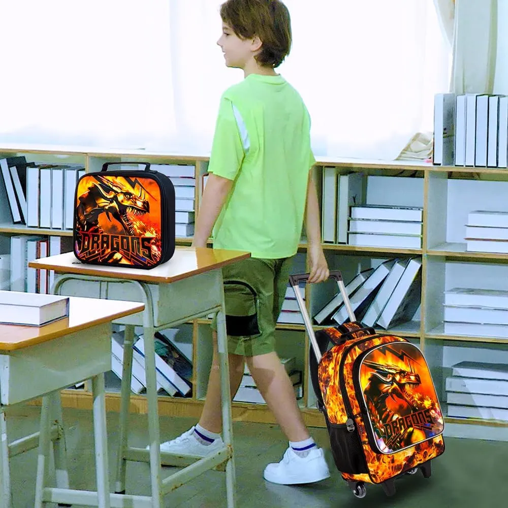 3PCS Rolling Backpack for Boys, Kids Roller Bookbag with Wheels, Dragon Wheeled School Backpack for Elementary Preschool Kindergarten(Orange)