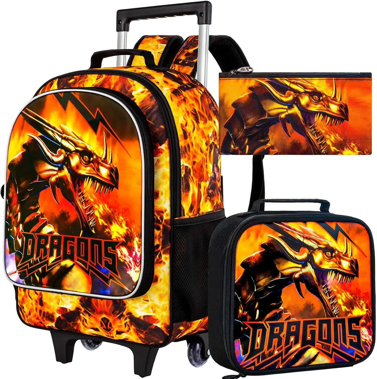 3PCS Rolling Backpack for Boys, Kids Roller Bookbag with Wheels, Dragon Wheeled School Backpack for Elementary Preschool Kindergarten(Orange)