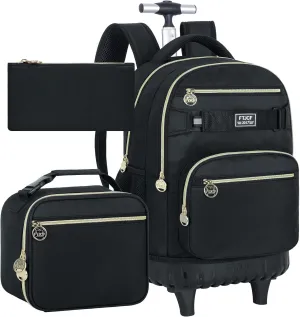 3Pcs Rolling Backpack for Boys Men, 19 Inche Adults Roller Backpacks with Wheels, School Wheeled Bookbag with Lunch Box(Black)