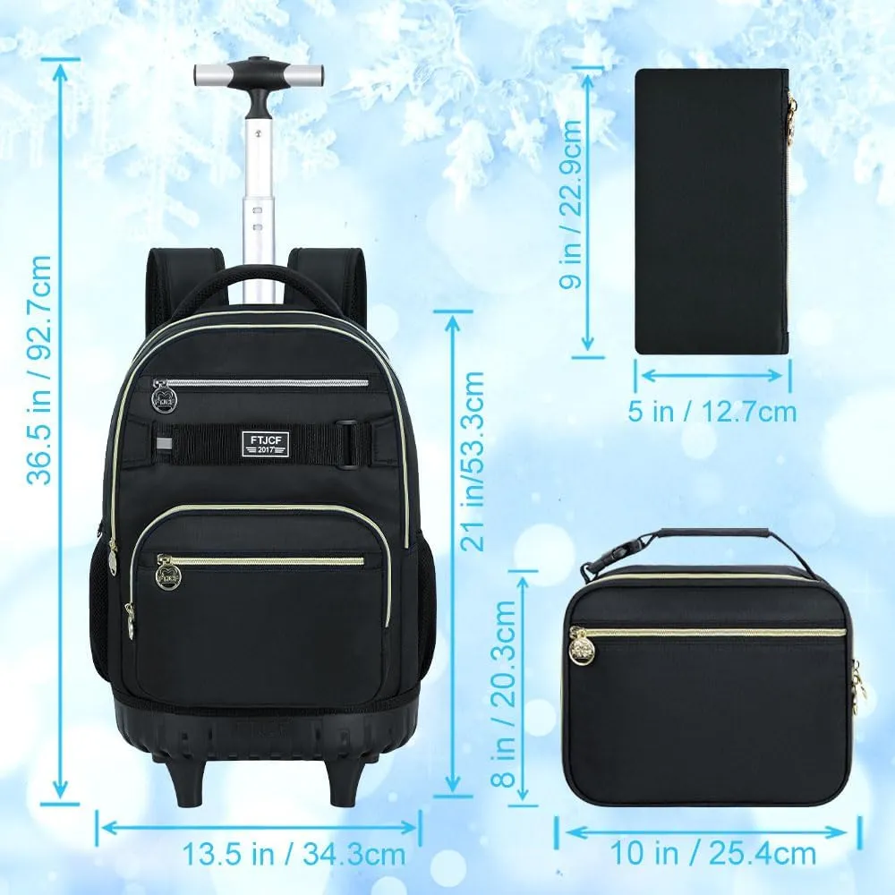 3Pcs Rolling Backpack for Boys Men, 19 Inche Adults Roller Backpacks with Wheels, School Wheeled Bookbag with Lunch Box(Black)