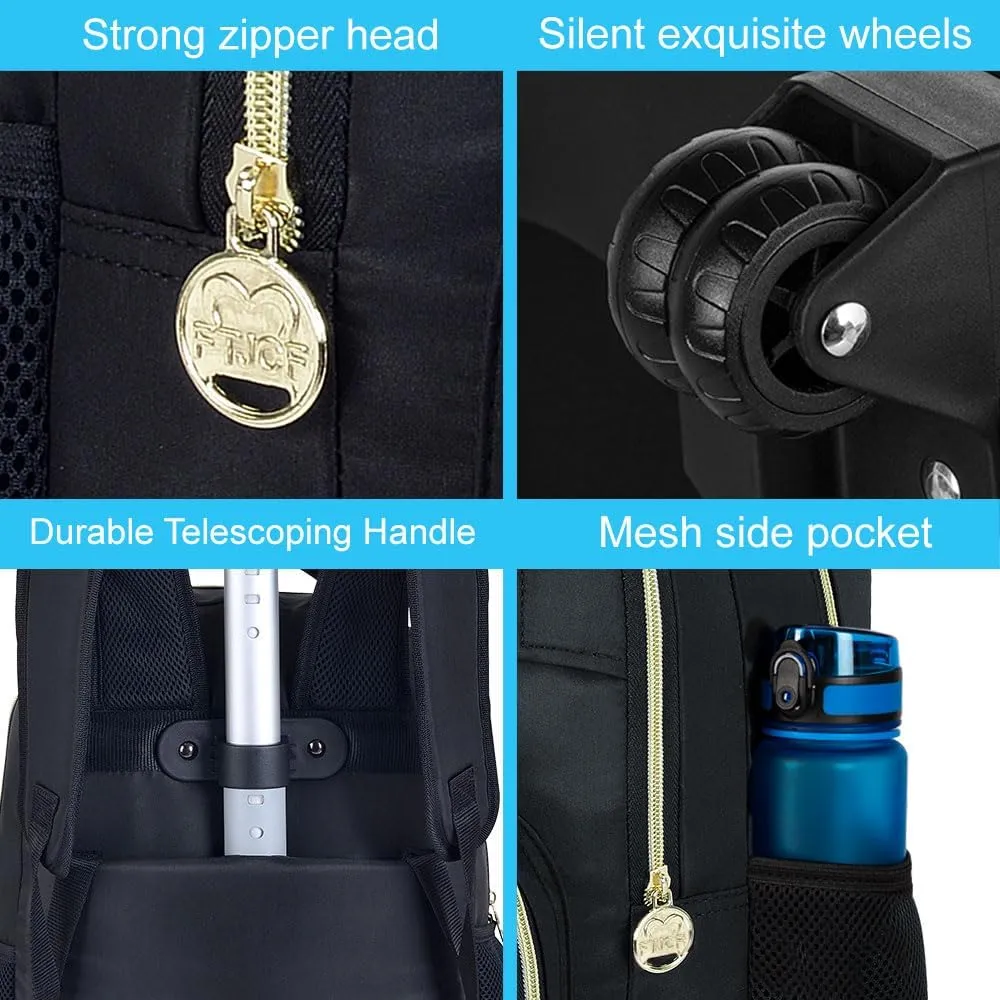 3Pcs Rolling Backpack for Boys Men, 19 Inche Adults Roller Backpacks with Wheels, School Wheeled Bookbag with Lunch Box(Black)