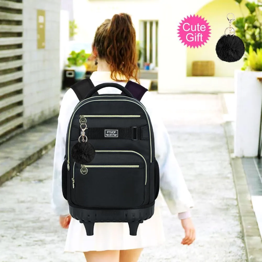 3Pcs Rolling Backpack for Boys Men, 19 Inche Adults Roller Backpacks with Wheels, School Wheeled Bookbag with Lunch Box(Black)
