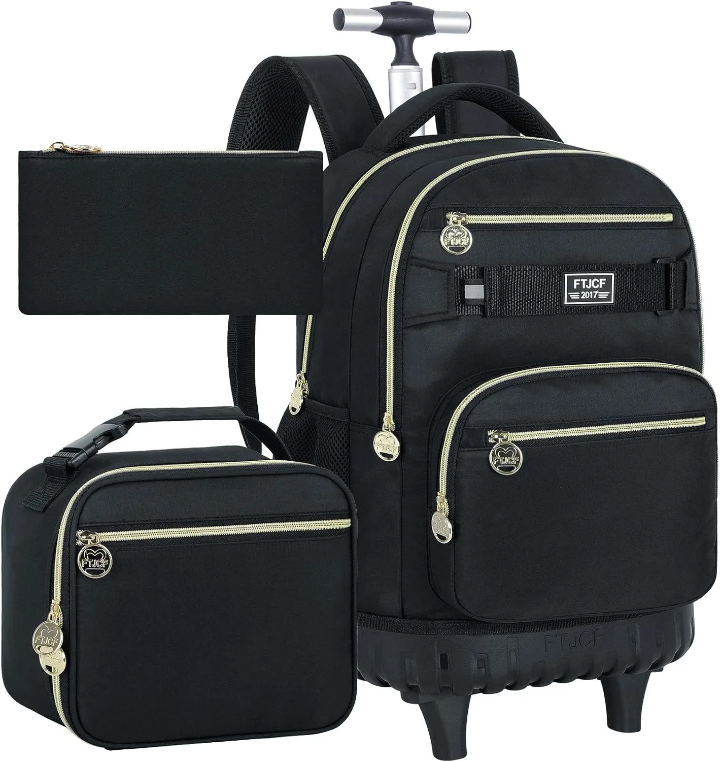 3Pcs Rolling Backpack for Boys Men, 19 Inche Adults Roller Backpacks with Wheels, School Wheeled Bookbag with Lunch Box(Black)