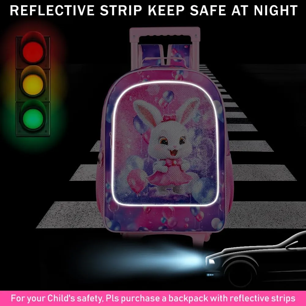 3PCS Rolling Backpack for Girls, Kids Roller School Backpack with Wheels, Bunny Wheeled Bookbag for Elementary Preschool Kindergarten(Pink)