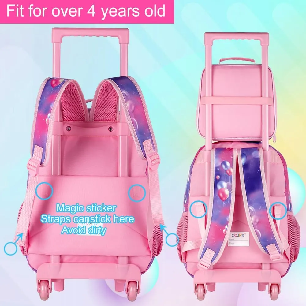 3PCS Rolling Backpack for Girls, Kids Roller School Backpack with Wheels, Bunny Wheeled Bookbag for Elementary Preschool Kindergarten(Pink)