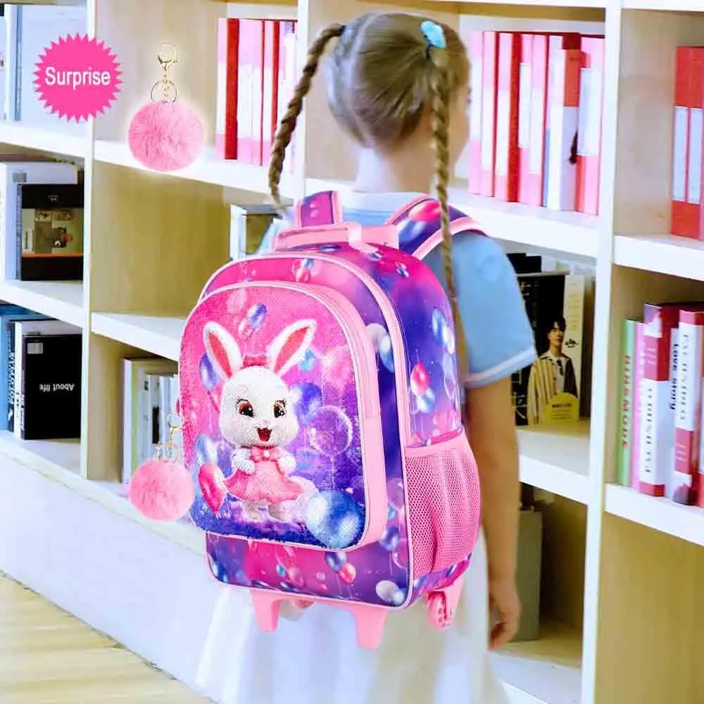 3PCS Rolling Backpack for Girls, Kids Roller School Backpack with Wheels, Bunny Wheeled Bookbag for Elementary Preschool Kindergarten(Pink)