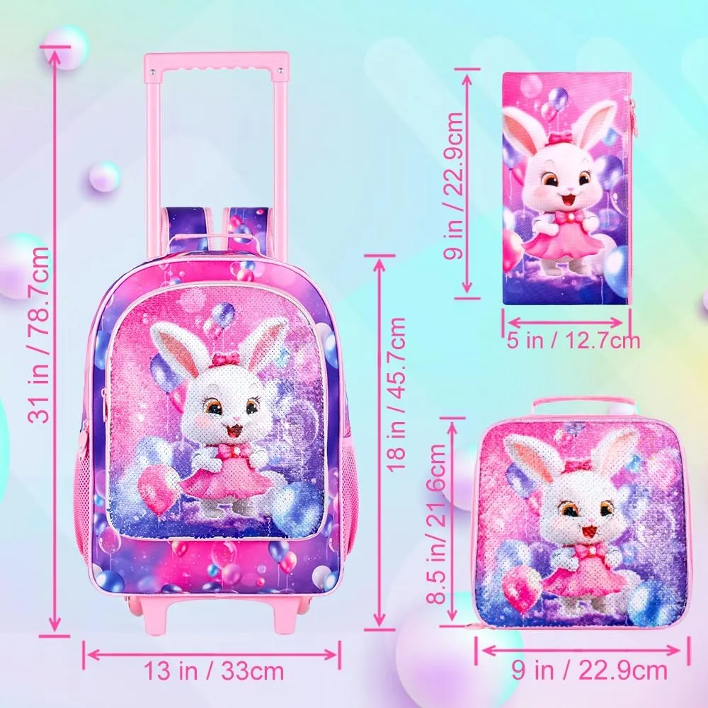 3PCS Rolling Backpack for Girls, Kids Roller School Backpack with Wheels, Bunny Wheeled Bookbag for Elementary Preschool Kindergarten(Pink)