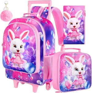 3PCS Rolling Backpack for Girls, Kids Roller School Backpack with Wheels, Bunny Wheeled Bookbag for Elementary Preschool Kindergarten(Pink)