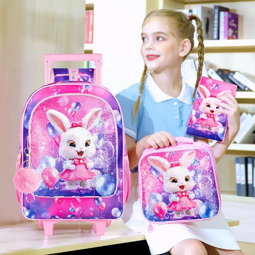 3PCS Rolling Backpack for Girls, Kids Roller School Backpack with Wheels, Bunny Wheeled Bookbag for Elementary Preschool Kindergarten(Pink)