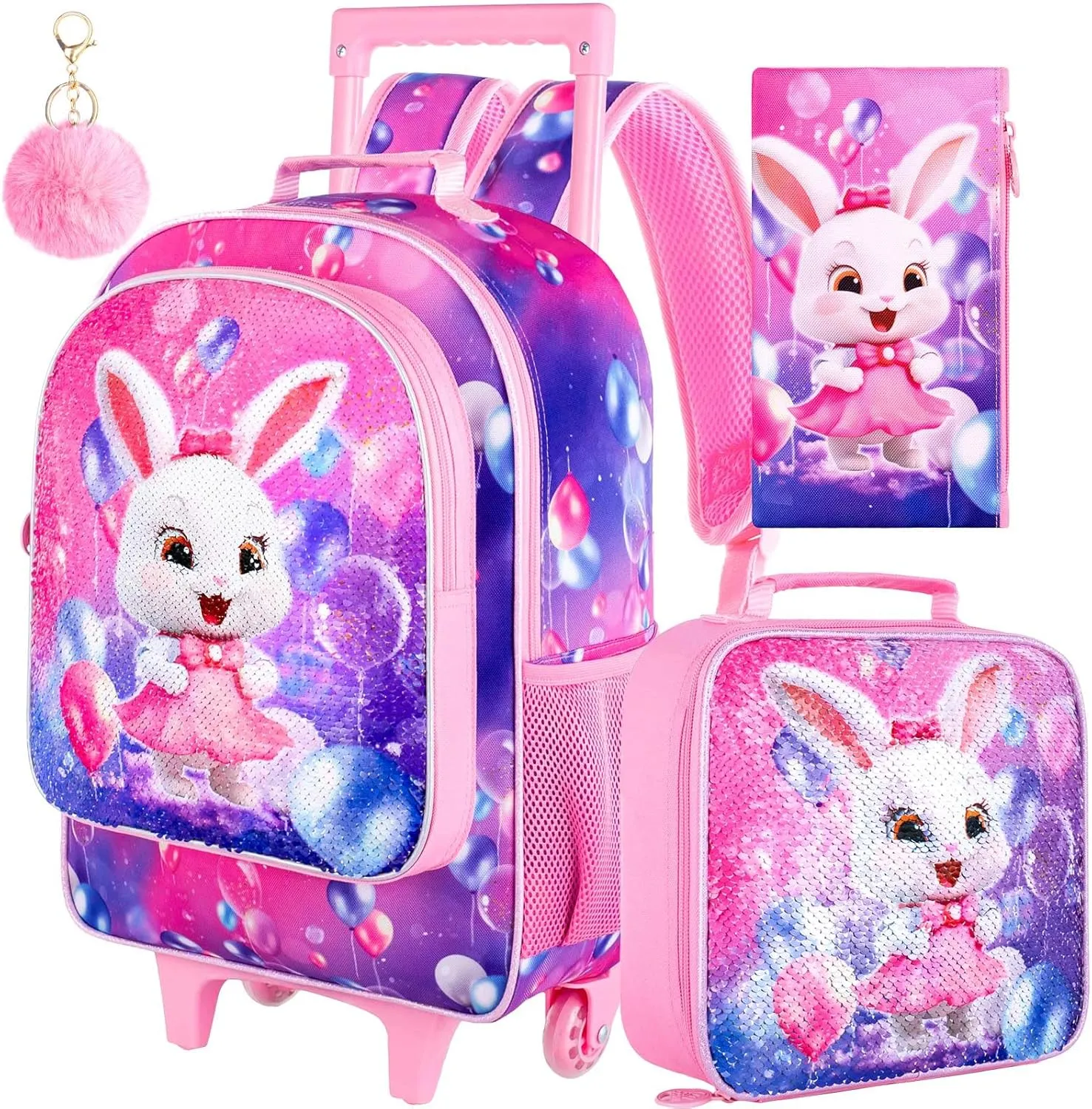 3PCS Rolling Backpack for Girls, Kids Roller School Backpack with Wheels, Bunny Wheeled Bookbag for Elementary Preschool Kindergarten(Pink)