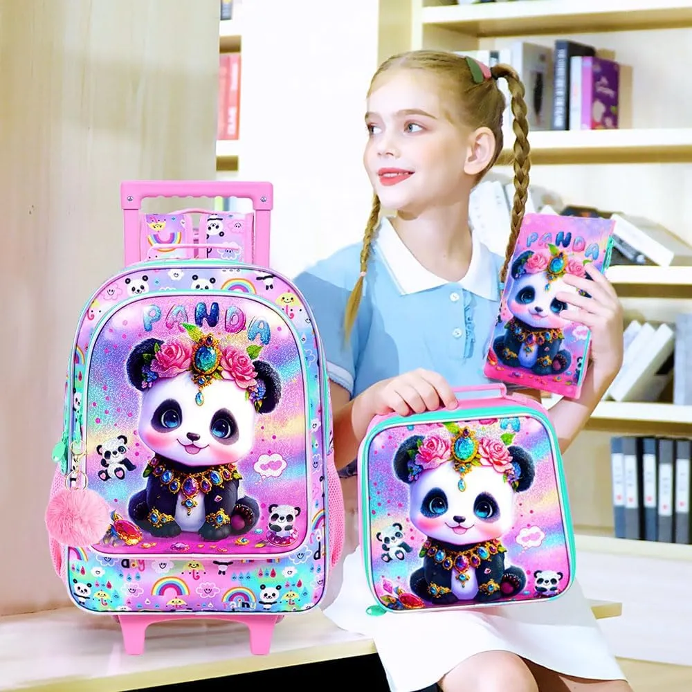 3Pcs Rolling Backpack for Girls, Panda Kids School Backpacks with Wheels, Roller Bookbag with Lunch Box for Elementary Preschool(Pink)