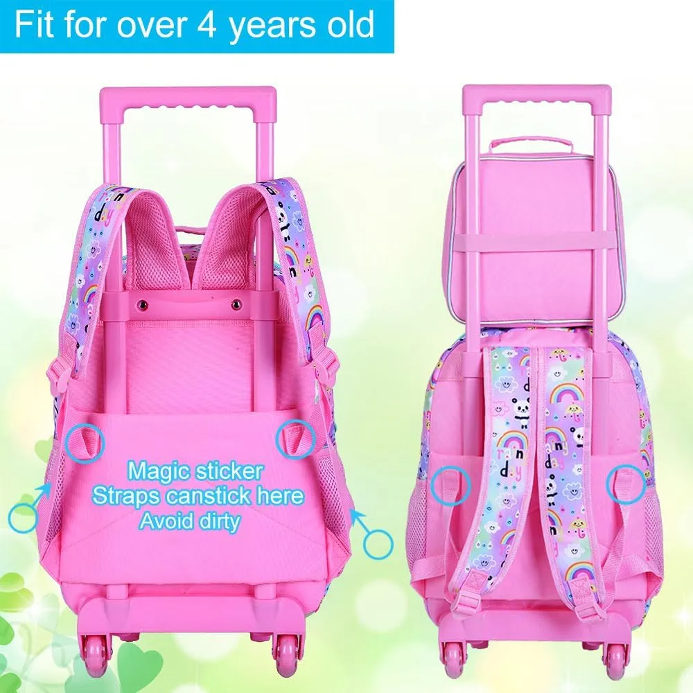 3Pcs Rolling Backpack for Girls, Panda Kids School Backpacks with Wheels, Roller Bookbag with Lunch Box for Elementary Preschool(Pink)