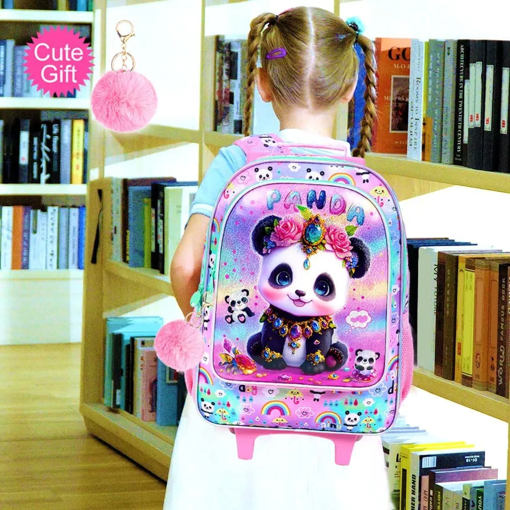 3Pcs Rolling Backpack for Girls, Panda Kids School Backpacks with Wheels, Roller Bookbag with Lunch Box for Elementary Preschool(Pink)