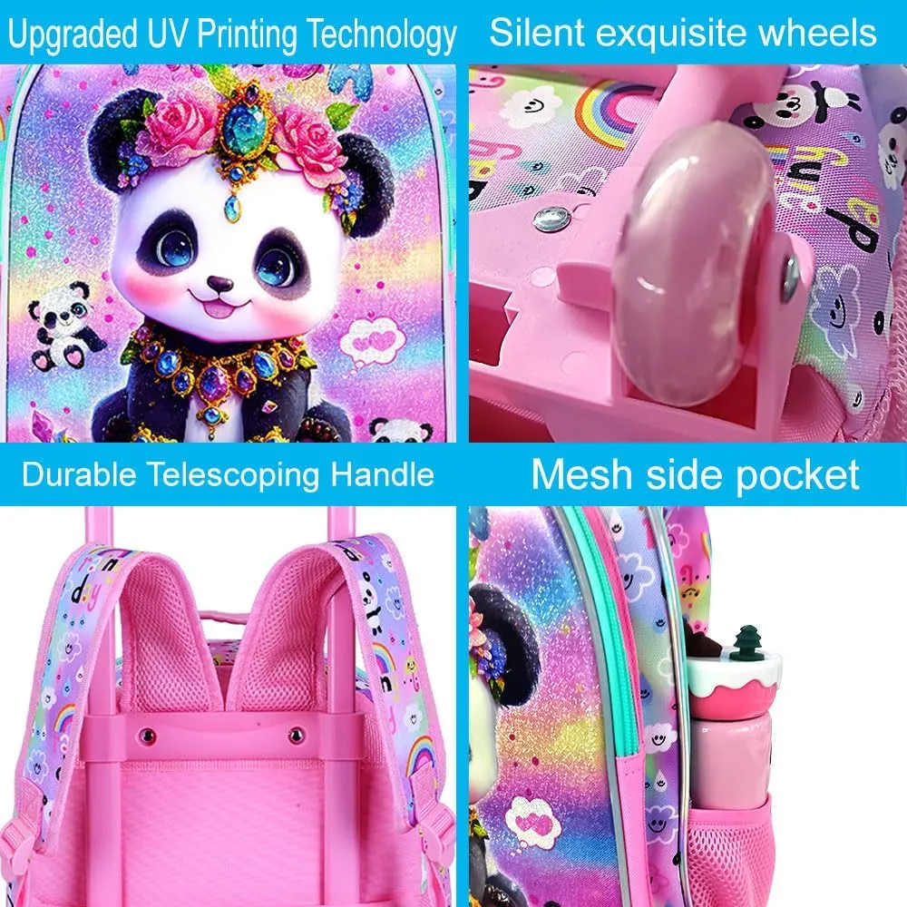 3Pcs Rolling Backpack for Girls, Panda Kids School Backpacks with Wheels, Roller Bookbag with Lunch Box for Elementary Preschool(Pink)