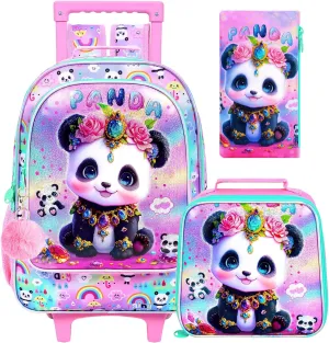 3Pcs Rolling Backpack for Girls, Panda Kids School Backpacks with Wheels, Roller Bookbag with Lunch Box for Elementary Preschool(Pink)
