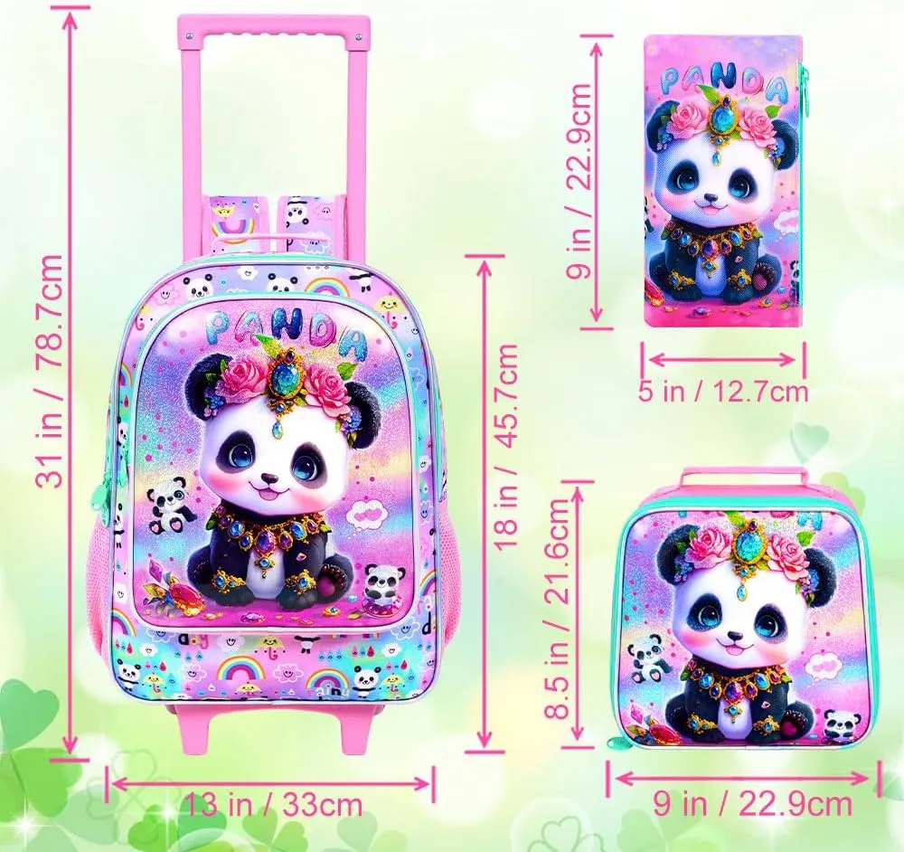 3Pcs Rolling Backpack for Girls, Panda Kids School Backpacks with Wheels, Roller Bookbag with Lunch Box for Elementary Preschool(Pink)