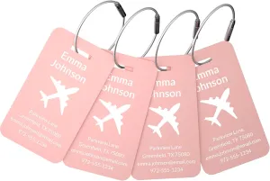 4 Pack Personalized Metal Luggage Tags, Custom Engraved Aluminum Name ID Tags with Logo/Text, Waterproof Travel Tags with Steel Loop for Suitcase, Backpack, Baggage, Cruise & Carry-On (Pink)