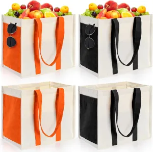 4 Pack Reusable Grocery Bags, Heavy Duty Canvas Shopping Bag with Side Pockets, Foldable Tote Bags with Handle, Large Multipurpose Bag for Shopping, Beach, Picnic, Orange, Black