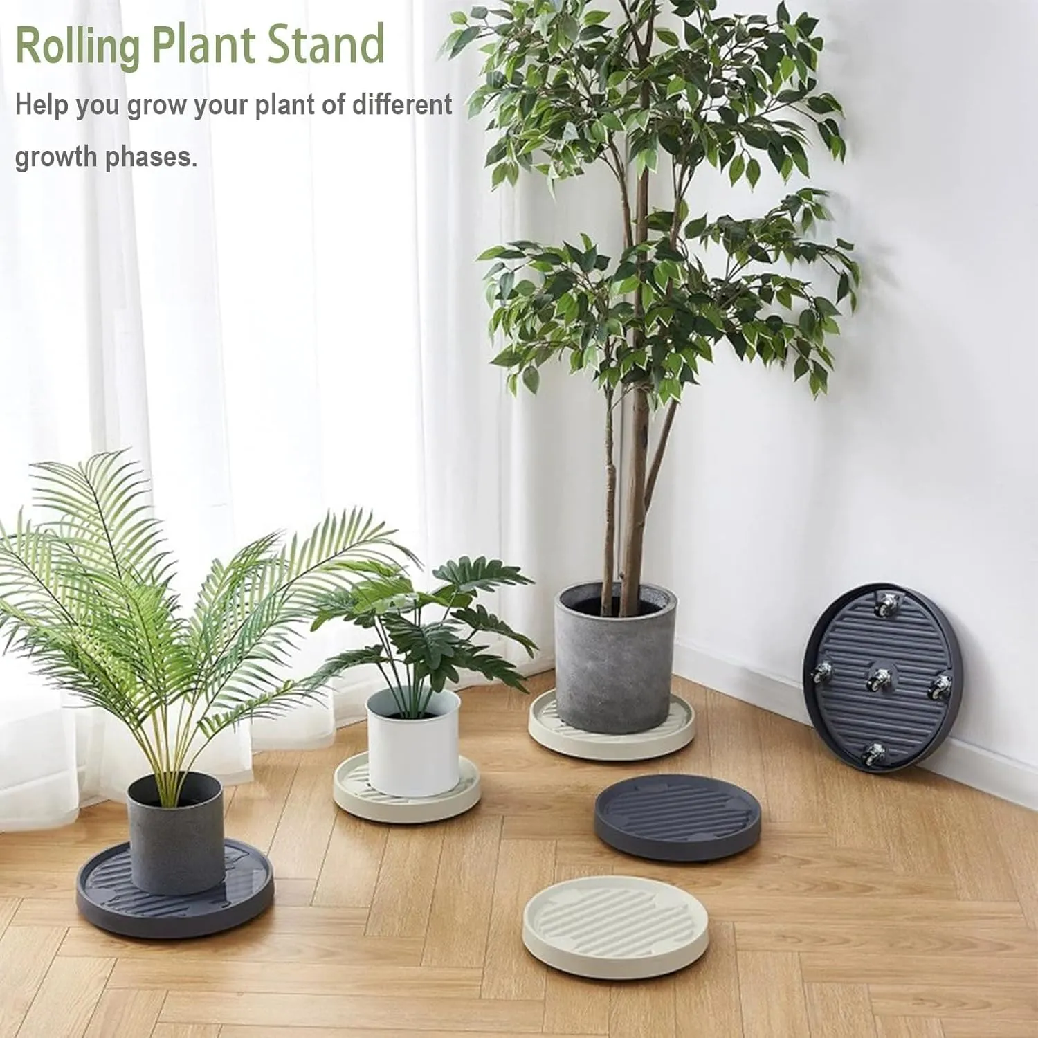 4 Packs 11 Inch Large Plant Caddy with Hidden Wheels Rolling Plant Stands Plant Dolly with Wheels Heavy Duty Plant Saucer with Wheels Plastic Plant Roller Base with 4 Invisible Casters for Indoor