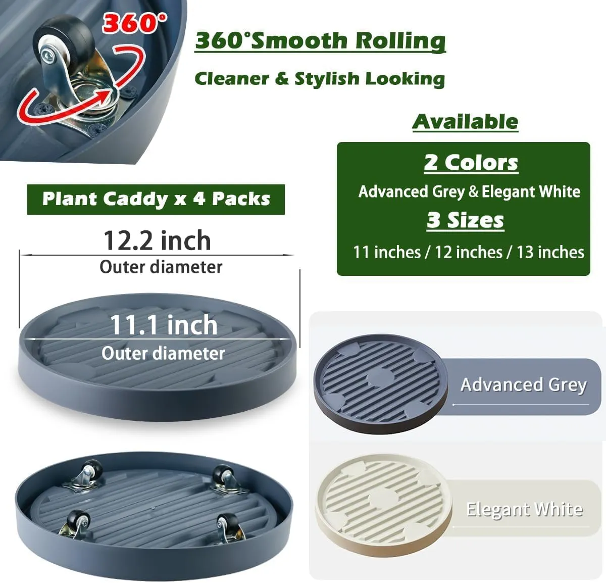 4 Packs 11 Inch Large Plant Caddy with Hidden Wheels Rolling Plant Stands Plant Dolly with Wheels Heavy Duty Plant Saucer with Wheels Plastic Plant Roller Base with 4 Invisible Casters for Indoor