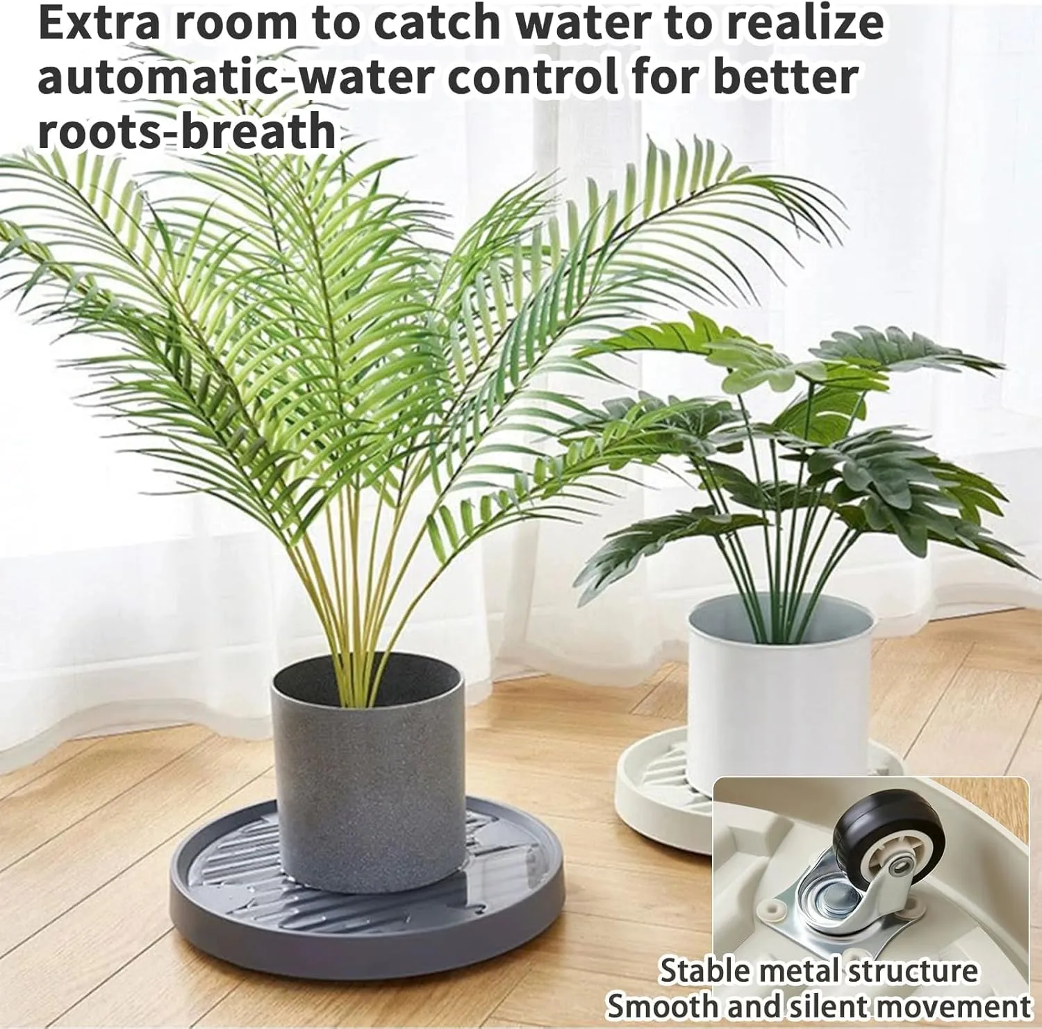 4 Packs 11 Inch Large Plant Caddy with Hidden Wheels Rolling Plant Stands Plant Dolly with Wheels Heavy Duty Plant Saucer with Wheels Plastic Plant Roller Base with 4 Invisible Casters for Indoor