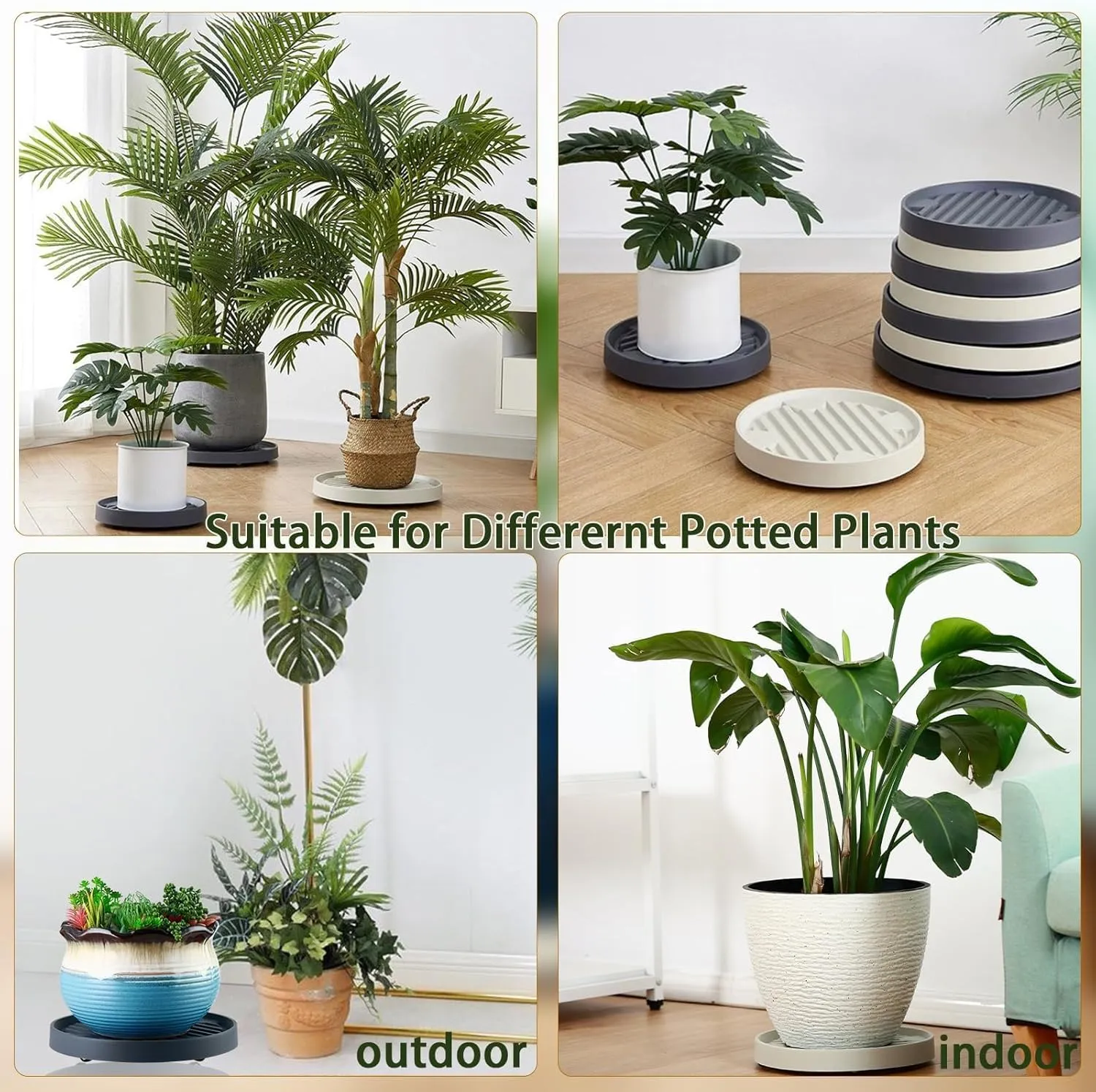 4 Packs 11 Inch Large Plant Caddy with Hidden Wheels Rolling Plant Stands Plant Dolly with Wheels Heavy Duty Plant Saucer with Wheels Plastic Plant Roller Base with 4 Invisible Casters for Indoor