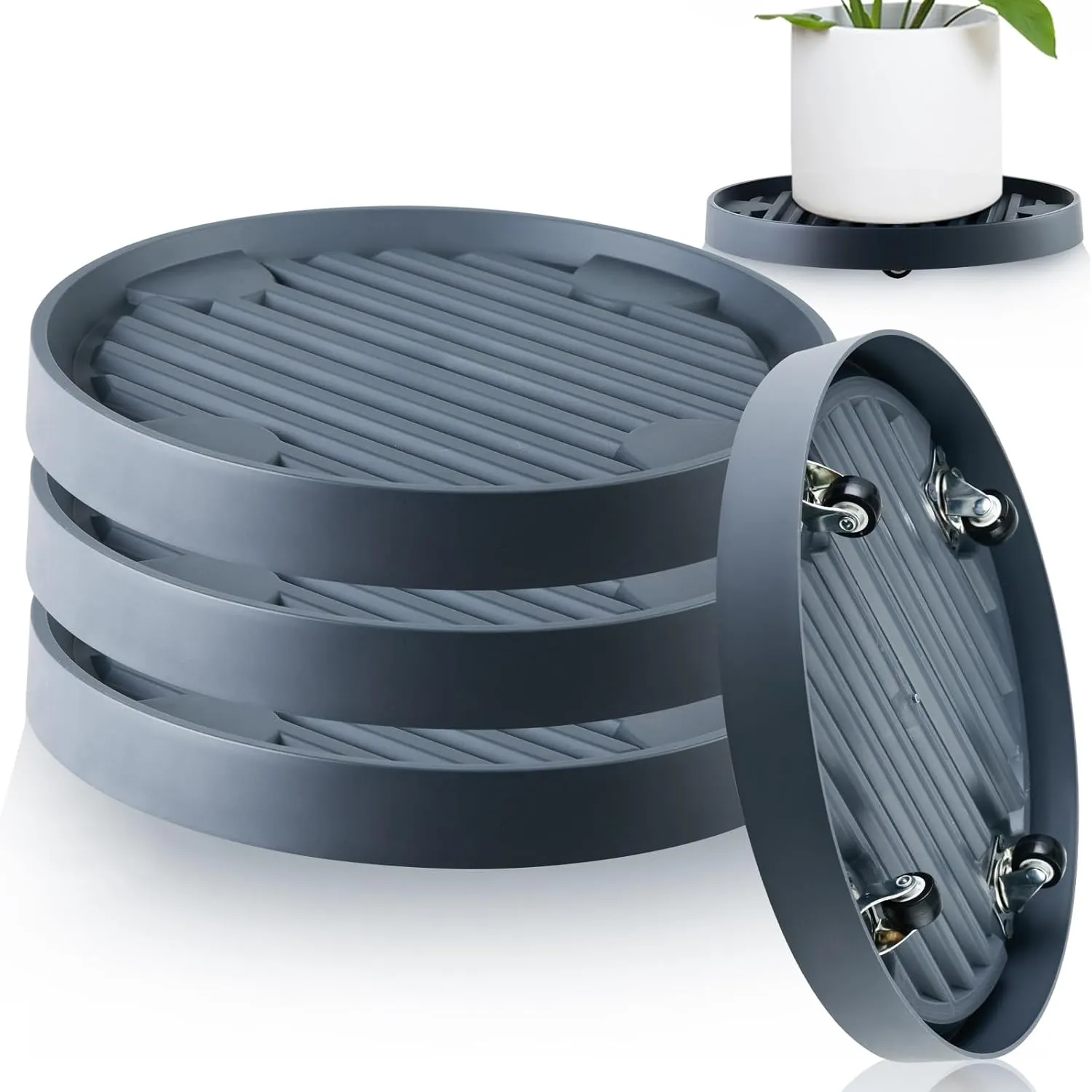 4 Packs 11 Inch Large Plant Caddy with Hidden Wheels Rolling Plant Stands Plant Dolly with Wheels Heavy Duty Plant Saucer with Wheels Plastic Plant Roller Base with 4 Invisible Casters for Indoor