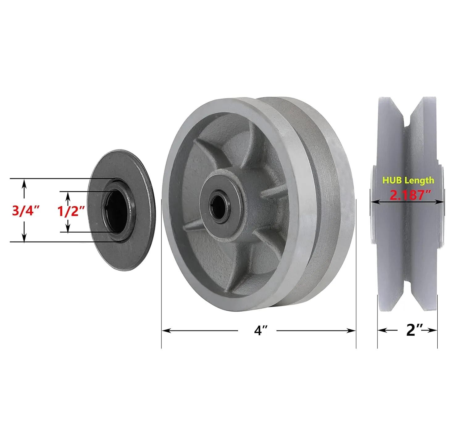4""x 2"" V-Groove wheel - cast Iron wheel,Capacity up to 1600 Lb. Use for Slide Gate,Rolling Door with V-Track（2 Silver wheel）, Inches