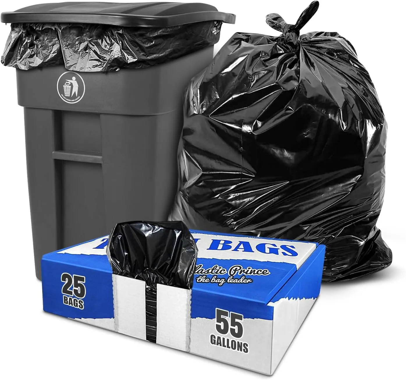 50 Gallon Trash Can with Lid and 55-60 Gallon Trash Bags, Commercial Container with Wheels, Heavy Duty Black Trash Can, 55 Gallon Trash Bags 25 Pack