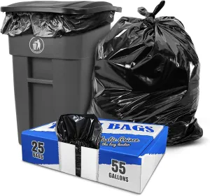 50 Gallon Trash Can with Lid and 55-60 Gallon Trash Bags, Commercial Container with Wheels, Heavy Duty Black Trash Can, 55 Gallon Trash Bags 25 Pack