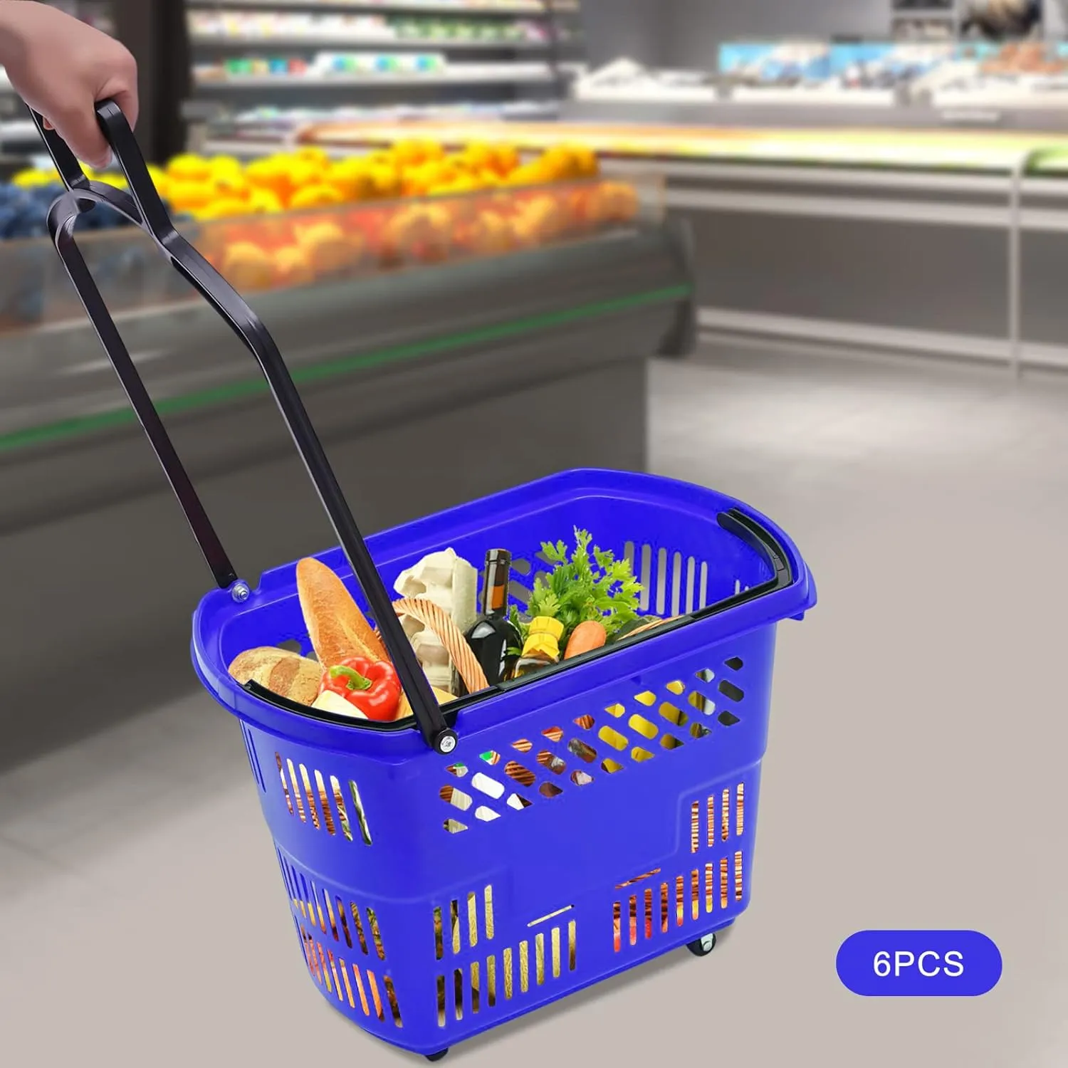 6 Pcs 9.2gal Shopping Carts with 4 Wheels, Plastic Shopping Baskets Rolling Supermarket Basket Foldable Portable Compact Shopping Basket with Handle (Blue)