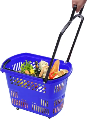 6 Pcs 9.2gal Shopping Carts with 4 Wheels, Plastic Shopping Baskets Rolling Supermarket Basket Foldable Portable Compact Shopping Basket with Handle (Blue)