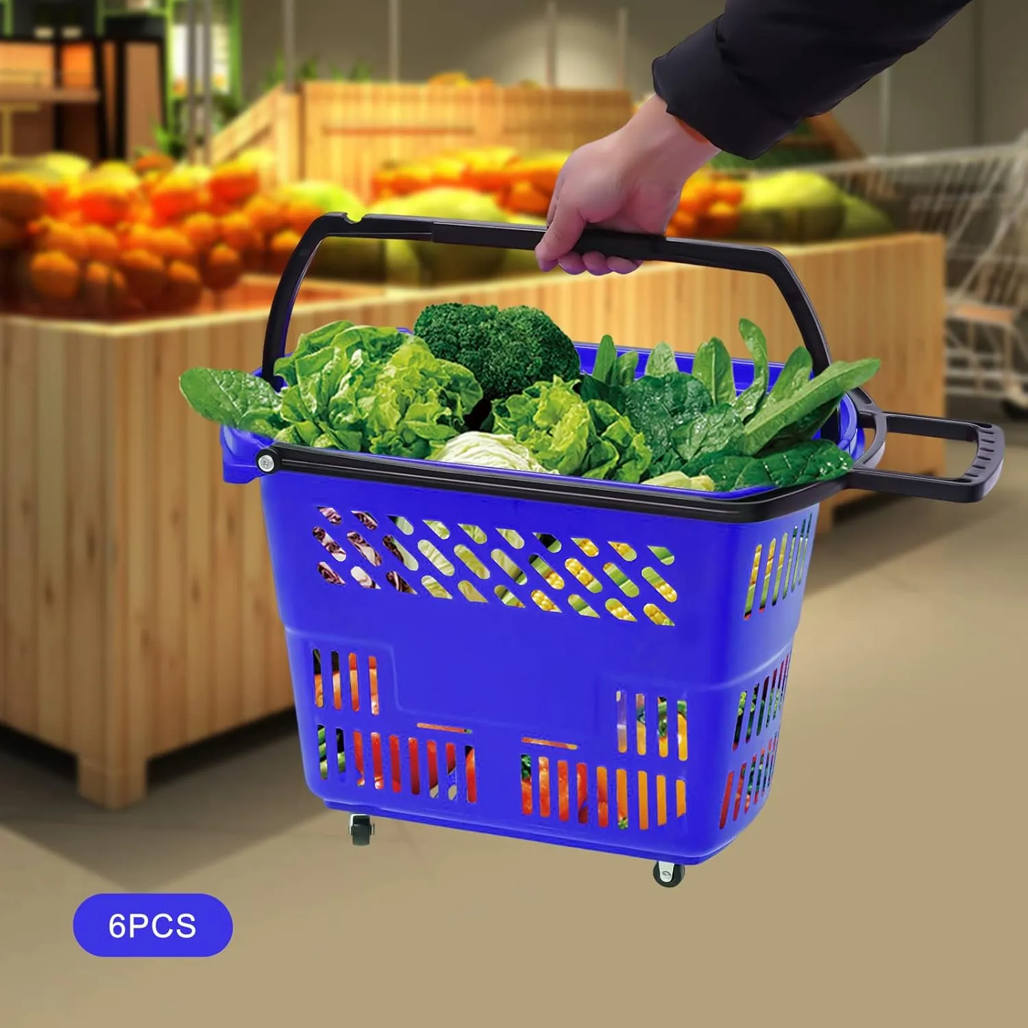 6 Pcs 9.2gal Shopping Carts with 4 Wheels, Plastic Shopping Baskets Rolling Supermarket Basket Foldable Portable Compact Shopping Basket with Handle (Blue)