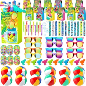 84 PCS Pool Beach Party Favors for Kids 3-5 4-8 8-12, Summer Birthday Party Favors With Pool Party Supplies, Beach Balls, Sunglasses Bulk, Bubble Wands, End Of Year Student Gifts, Goodie Bags Stuffers