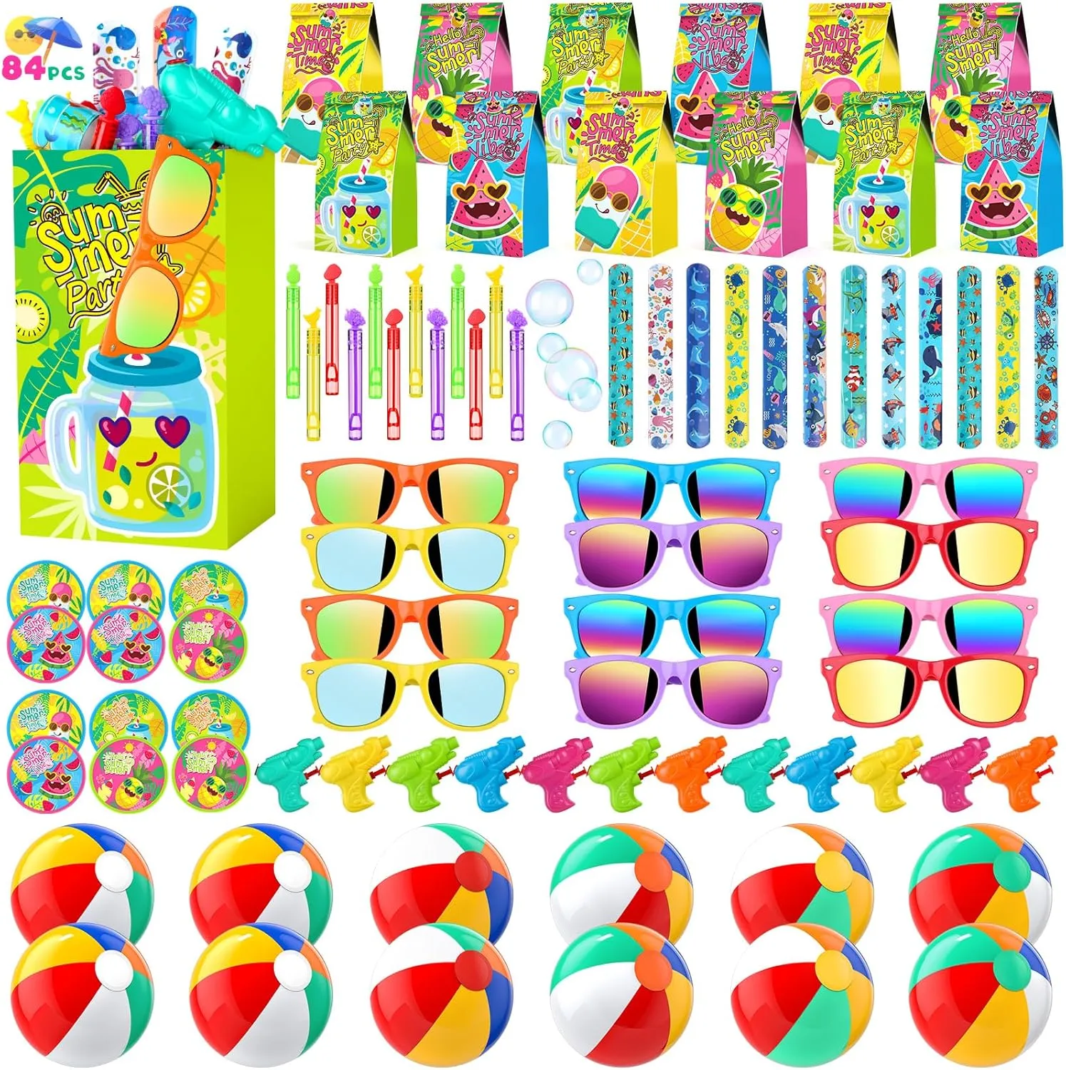 84 PCS Pool Beach Party Favors for Kids 3-5 4-8 8-12, Summer Birthday Party Favors With Pool Party Supplies, Beach Balls, Sunglasses Bulk, Bubble Wands, End Of Year Student Gifts, Goodie Bags Stuffers