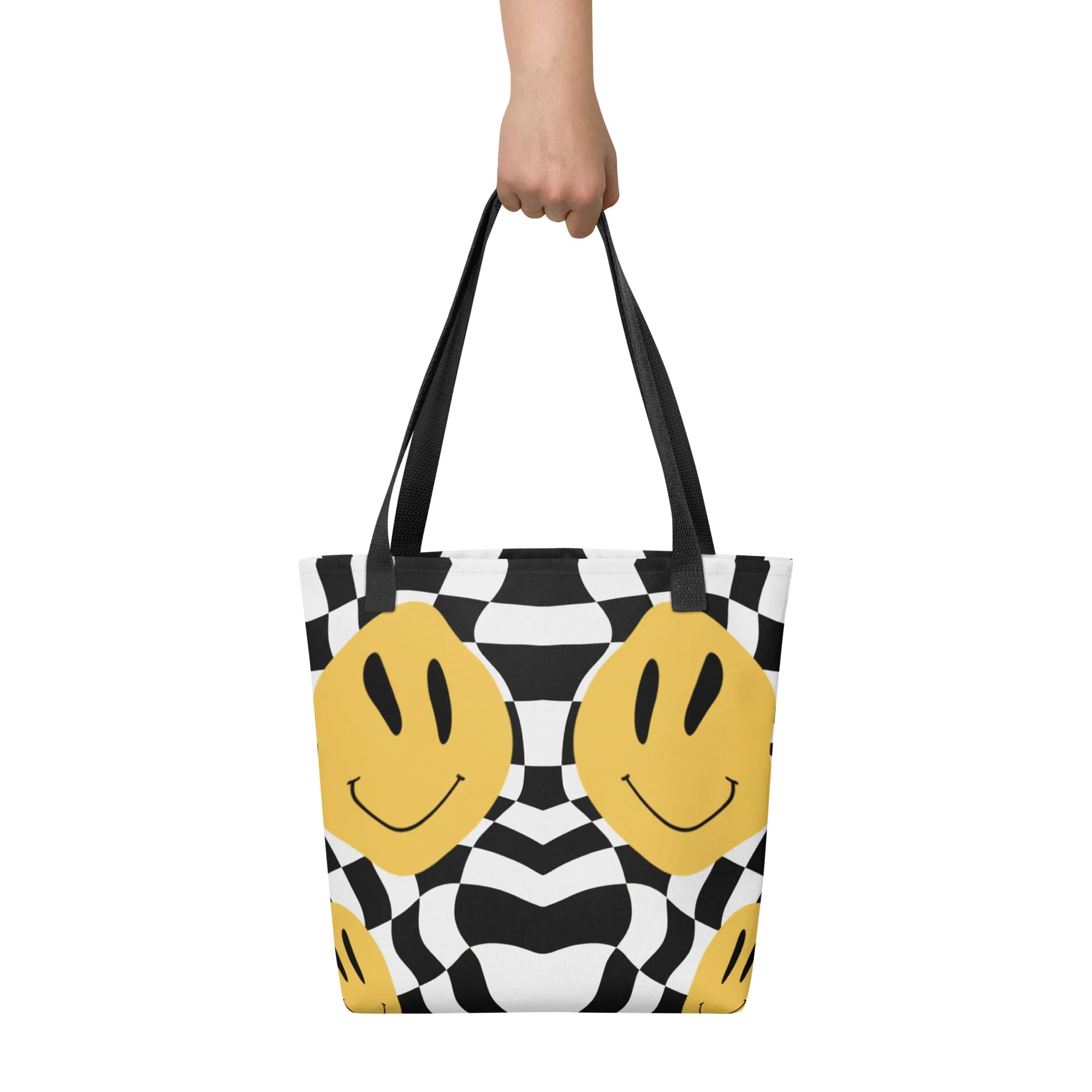 90s Happy Face Checkered All Over Print Tote Bag