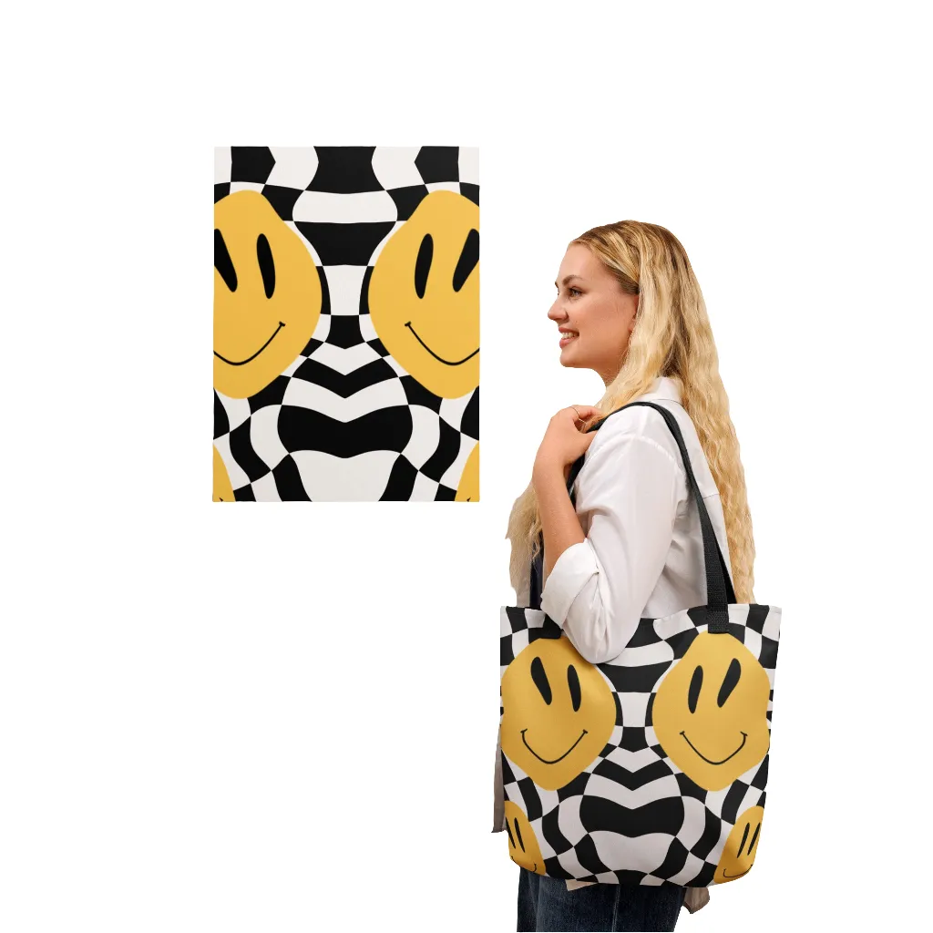 90s Happy Face Checkered All Over Print Tote Bag