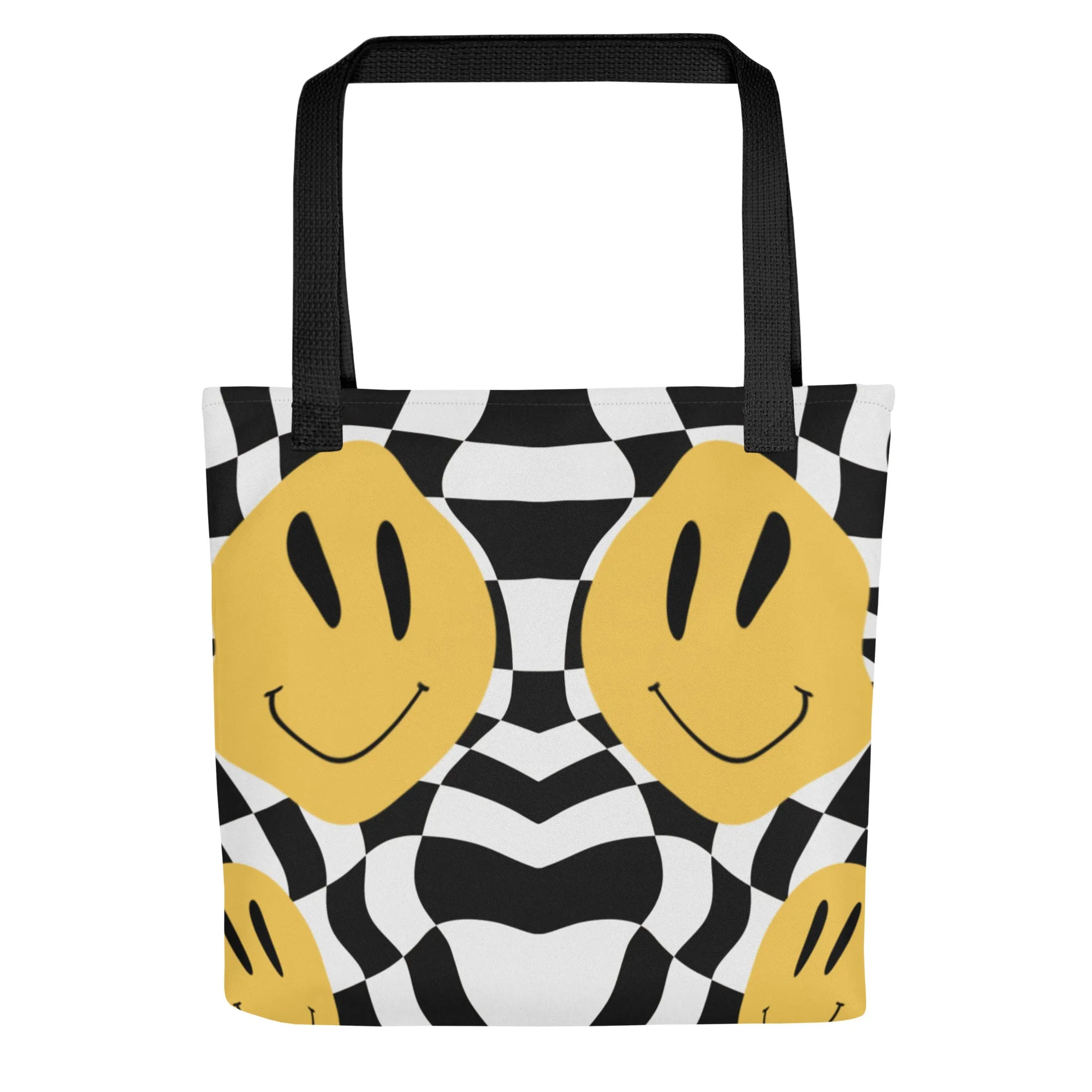 90s Happy Face Checkered All Over Print Tote Bag