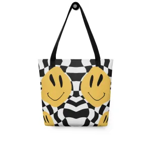 90s Happy Face Checkered All Over Print Tote Bag