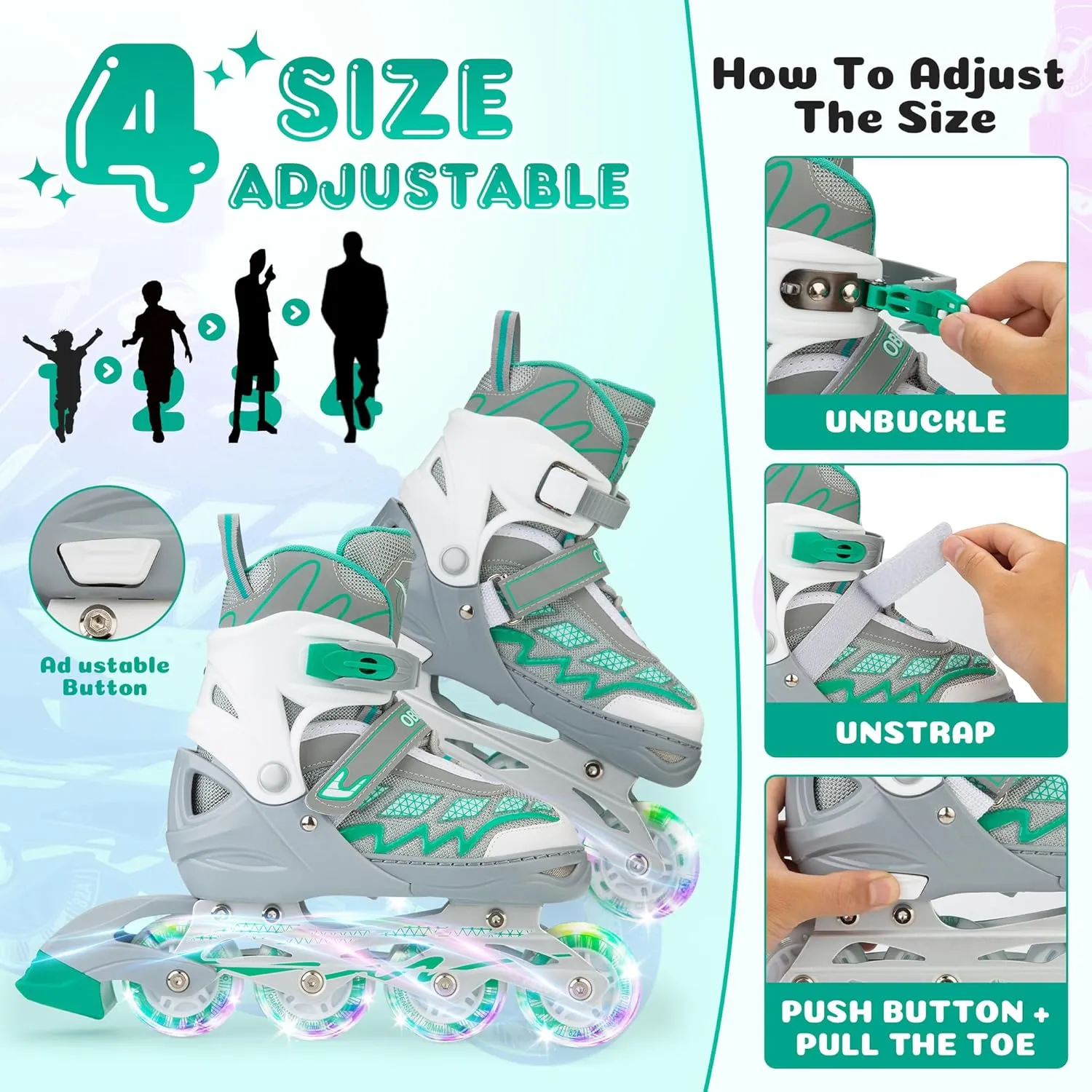 Adjustable Inline Skates for Girls and Boys, Fun Illuminating Inline Skates for Kids Ages 5-8 8-12, Roller Skates for Youth Beginners - Includes Free Skate Bag