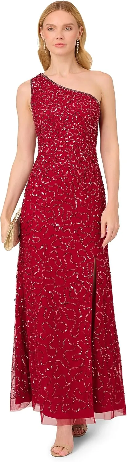 Adrianna Papell Women's One Shoulder Beaded Dress