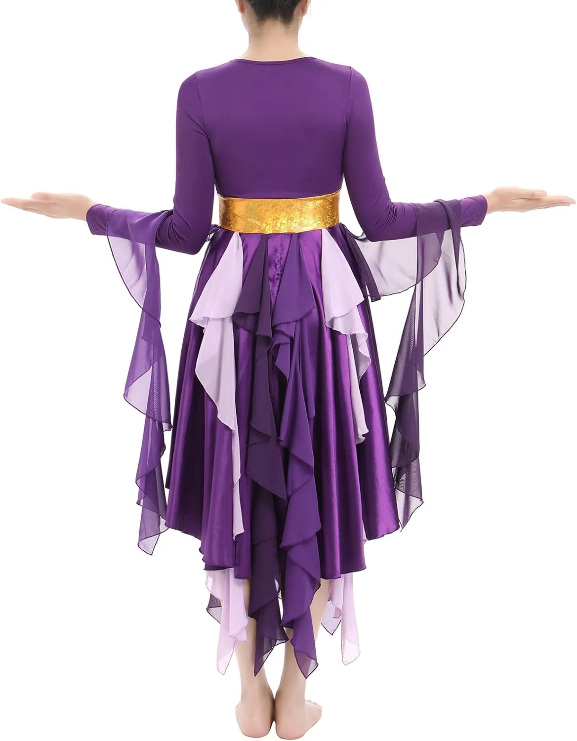 AFAVOM Women Gold Metallic Praise Dance Dress Asymmetric Ruffle Overlay Dress Liturgical Lyrical Dancewear Worship Costume