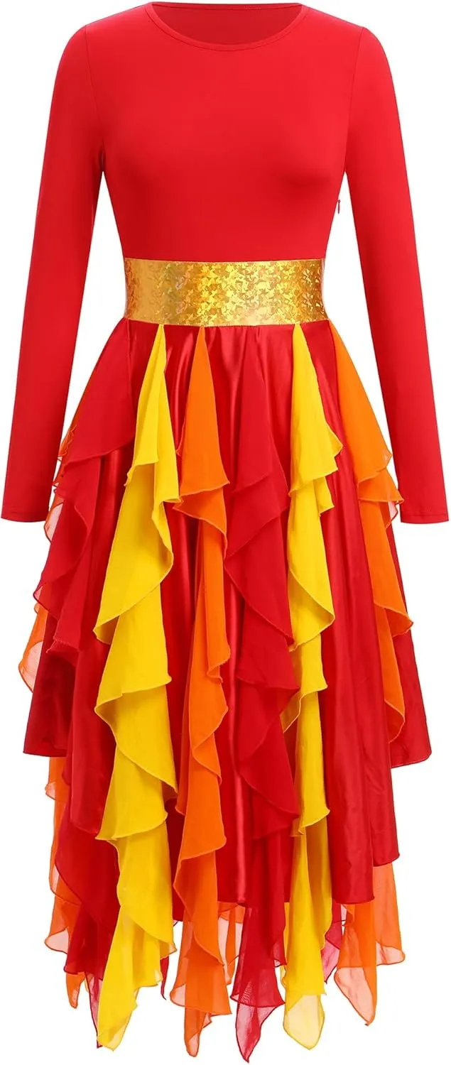 AFAVOM Women Gold Metallic Praise Dance Dress Asymmetric Ruffle Overlay Dress Liturgical Lyrical Dancewear Worship Costume