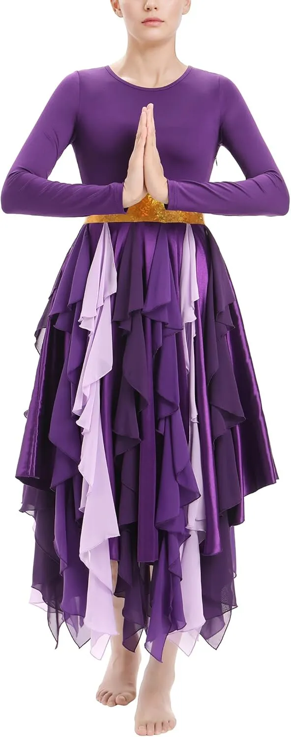 AFAVOM Women Gold Metallic Praise Dance Dress Asymmetric Ruffle Overlay Dress Liturgical Lyrical Dancewear Worship Costume