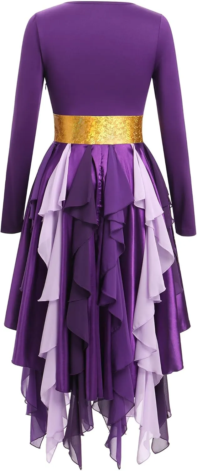 AFAVOM Women Gold Metallic Praise Dance Dress Asymmetric Ruffle Overlay Dress Liturgical Lyrical Dancewear Worship Costume