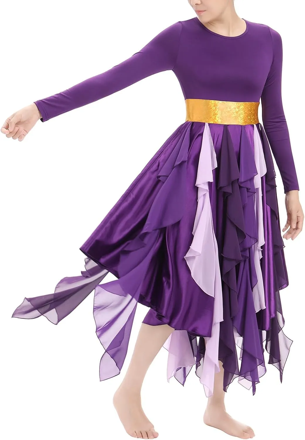AFAVOM Women Gold Metallic Praise Dance Dress Asymmetric Ruffle Overlay Dress Liturgical Lyrical Dancewear Worship Costume