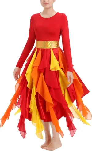 AFAVOM Women Gold Metallic Praise Dance Dress Asymmetric Ruffle Overlay Dress Liturgical Lyrical Dancewear Worship Costume
