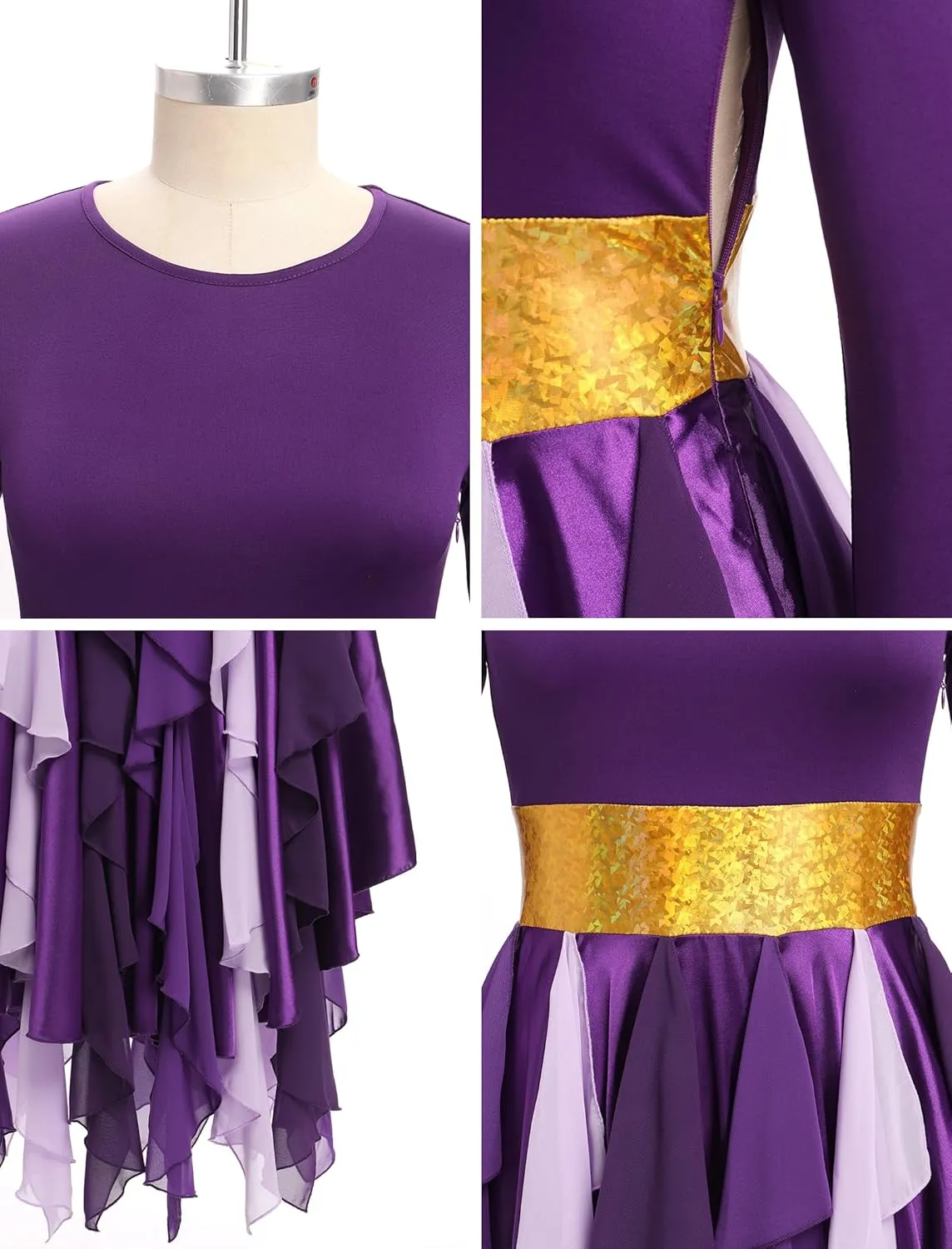 AFAVOM Women Gold Metallic Praise Dance Dress Asymmetric Ruffle Overlay Dress Liturgical Lyrical Dancewear Worship Costume