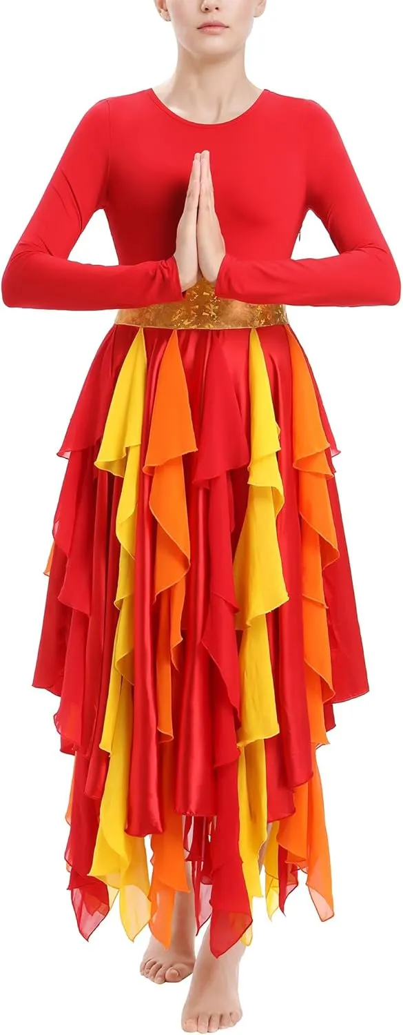 AFAVOM Women Gold Metallic Praise Dance Dress Asymmetric Ruffle Overlay Dress Liturgical Lyrical Dancewear Worship Costume