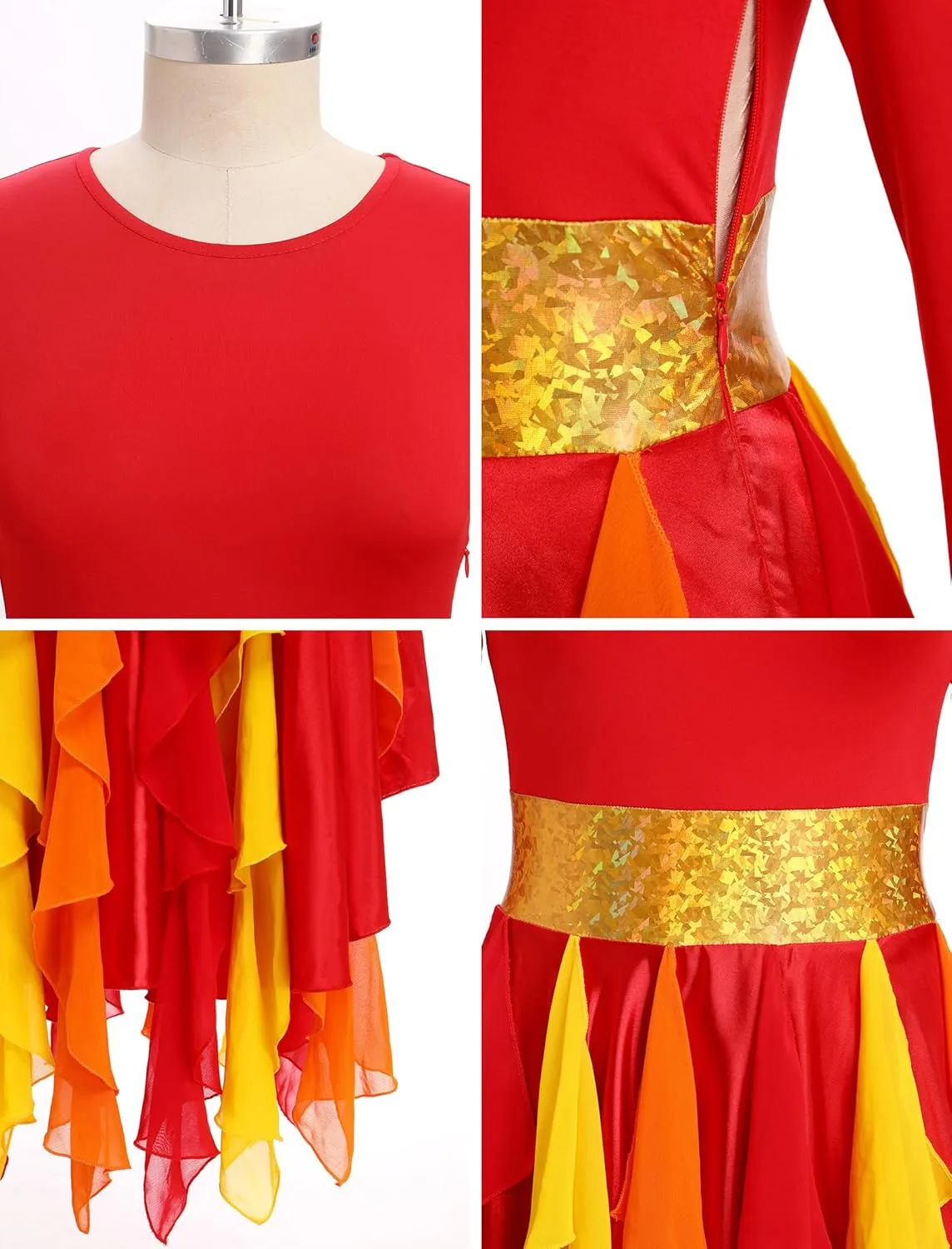 AFAVOM Women Gold Metallic Praise Dance Dress Asymmetric Ruffle Overlay Dress Liturgical Lyrical Dancewear Worship Costume